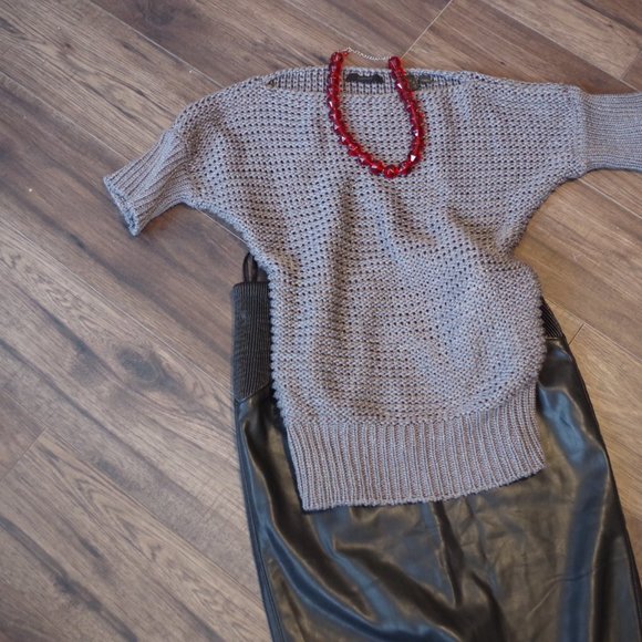 Gray Knit Sprit Sweater& Faux Leather Skirt - Picture 12 of 15